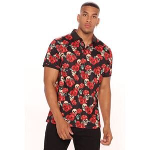 Public Record Polo Shirt Men Small Roses Skulls Gothic Casual Edgy Knitwear